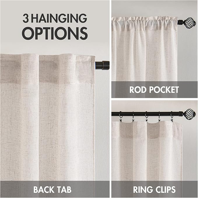 MIULEE White Short Linen Curtains 45 Inch Length 2 Panels for Kitchen Bedroom Bathroom, Soft Thick Linen Textured Natural Basement Window Drapes Semi Sheer Light Filtering Back Tab Rod Pocket