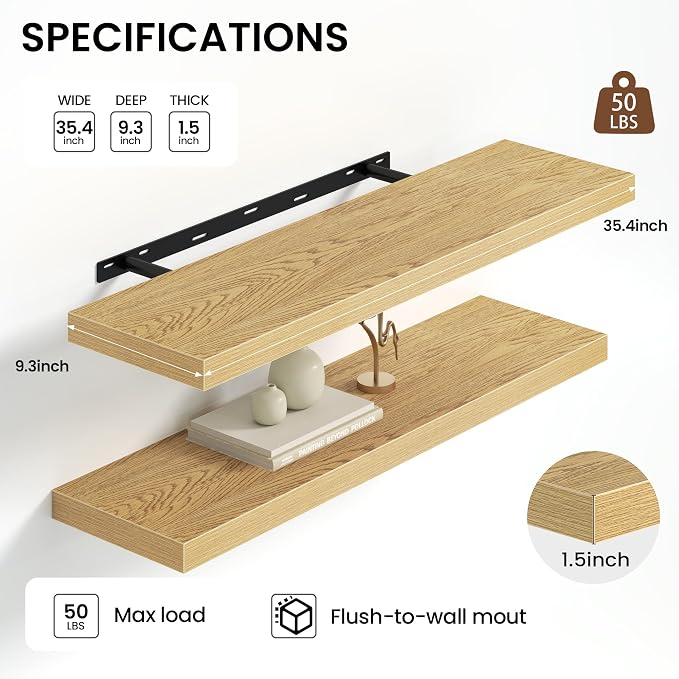 Heimlove Floating Shelves for Wall 36 Inches Long,9.3" Deep Oak Floating Shelf Set of 2,Wall Mounted Shelves for Bathroom Bedroom Living Room Kitchen Office,Shelf for Books Storage,Home Decor