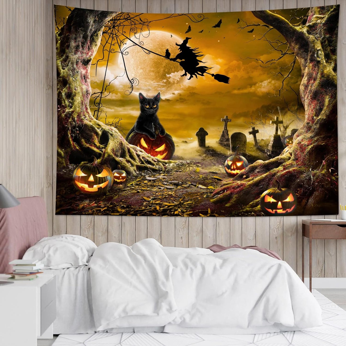 LB Halloween Wall Tapestry Horror Witch Cat and Dead Tree Pumpkin Lights with Spooky Graveyard Tapestry Orange Full Moon over Misty Forest Wall Decor for Bedroom Living Room Dorm 60x40 Inches