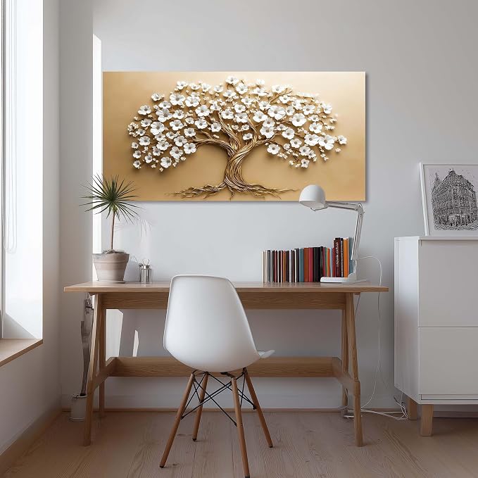 Ggaafet White FLower Tree Wall Art for Bedroom Canvas Oil Painting Prints Beautiful Floral Blooming Art Deco Modern Artwork Office Family Dining Room Decor