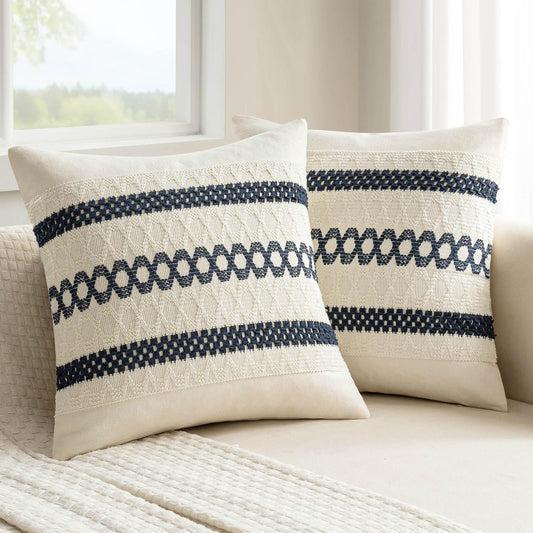 MIULEE Set of 2 Navy Blue Boho Decorative Pillow Covers 18x18 Inch Farmhouse Rustic Couch Throw Pillows Modern Spring Cotton Cushion Covers Retro Cute Macrame Woven Home Decor for Bed Sofa Chair