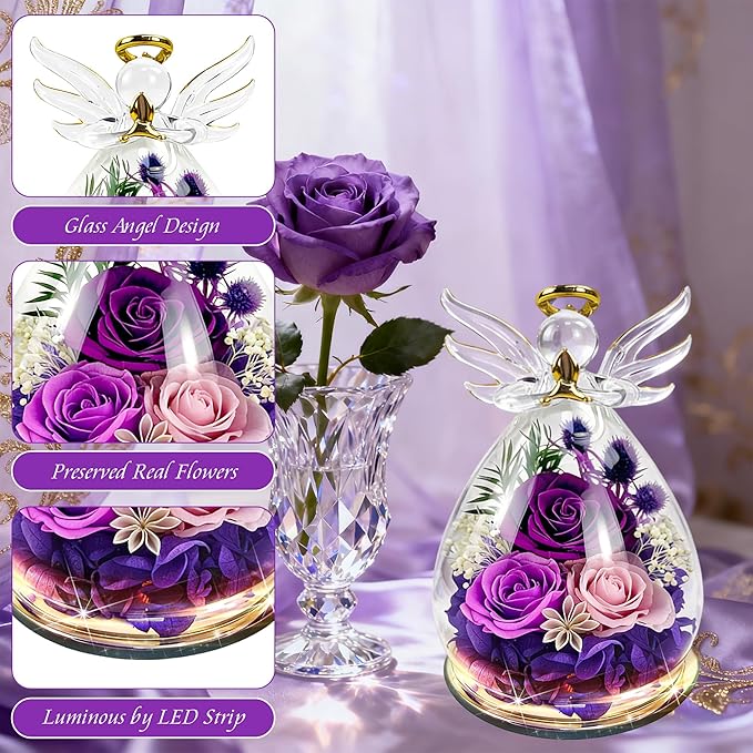 Purple Rose Gifts for Mom Birthday Gifts for Women | Forever Rose in Glass Fresh Flowers for Delivery | Preserved Rose Angel Figurine Mother’s Day for Mom Grandma from Daughter Birthday Gifts