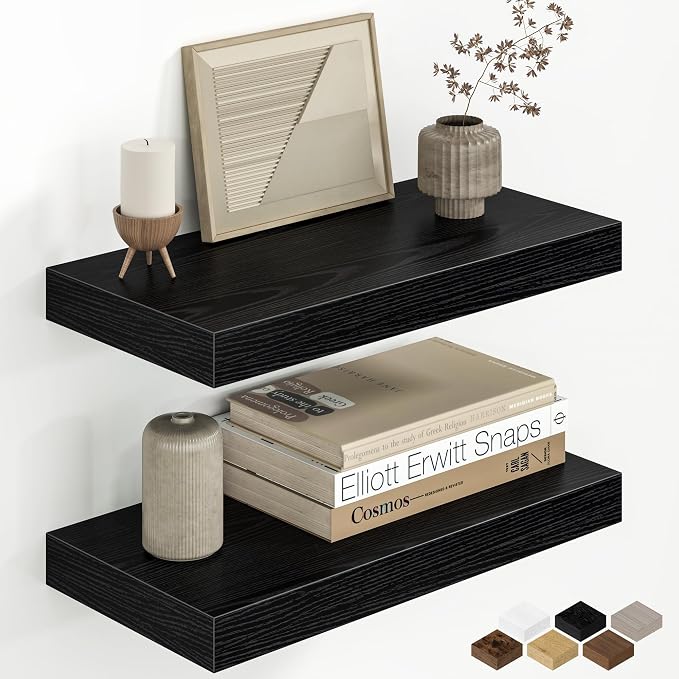 Fun Memories 16 Inch Floating Shelves for Wall, 8 Inch Deep Rustic Wood Wall Mounted Shelves with Invisible Brackets for Bathroom, Bedroom, Kitchen & Living Room Storage Decor, Black, 2 Pack