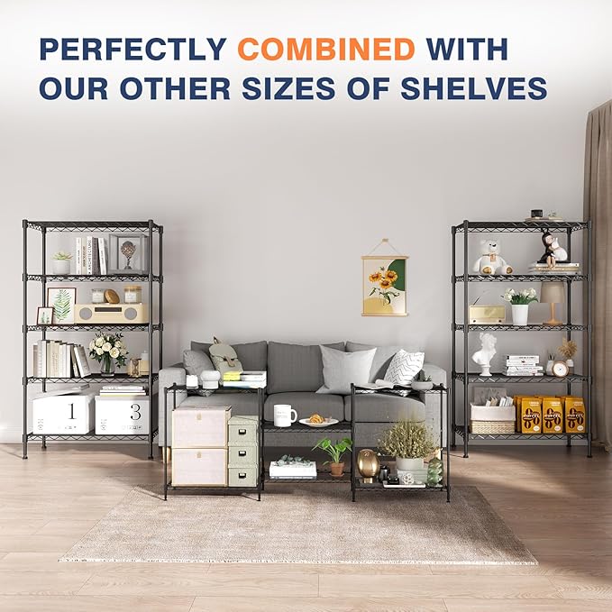 5-Tier Heavy Duty Wire Shelving Unit,35.4" Wx18 Dx71 H,Wire Shelf Racks with Wheels,Height Adjustable Storage Metal Shelves for Kitchen,Garage,Office,Living Room,Pantry,Black