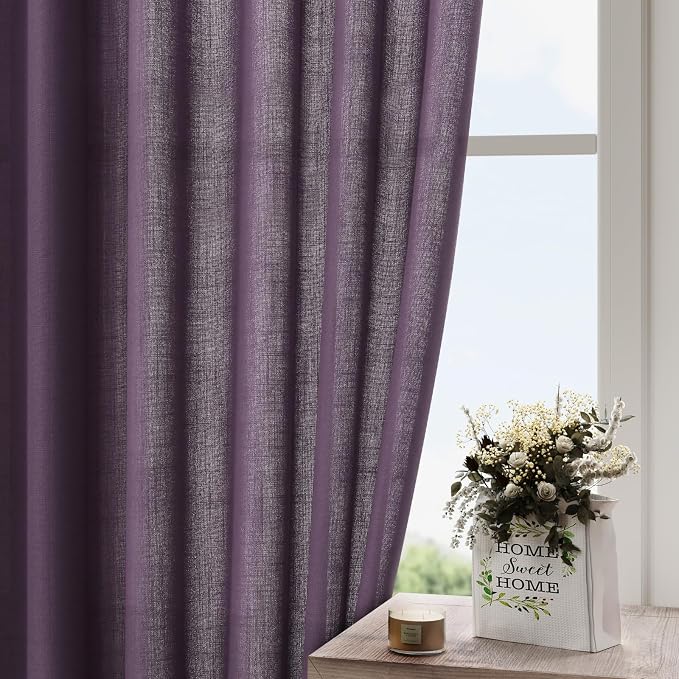 Nanspring Plum Linen Curtains 96 Inches Long 2 Panels Set for Living Room Rod Pocket Back Tab Semi Sheer Light Filtering Protect Privacy Plum Curtain for Bedroom Floor Length 52x96