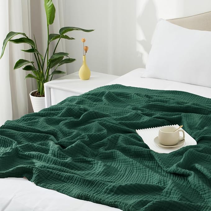 Carriediosa 100% Cotton Muslin Throw Blanket 50" X 70" Throw XL Size，4-Layers Summer Gauze Throws for Bed Couch，Soft Lightweight Breathable Linen Blankets Bedspread for Adults All Season，Dark Green