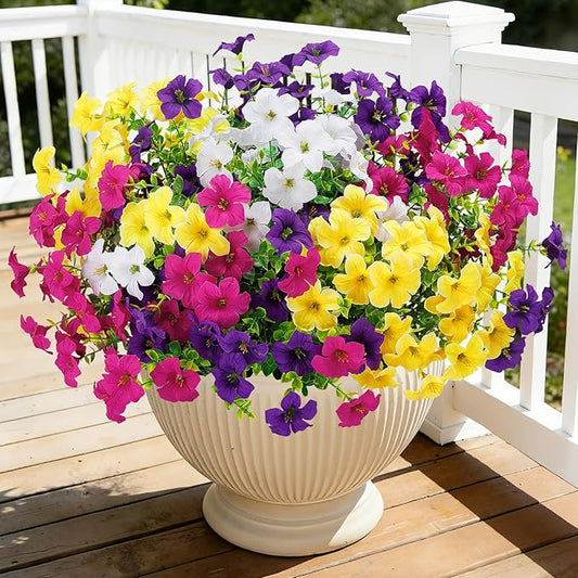 20 Bundles Artificial Petunias Flowers for Outdoors, Faux Silk Flowers UV Resistant Realistic Fake Plants for Outside Planters Porch Patio Yard Garden Spring Summer Home Decor, Multicolor