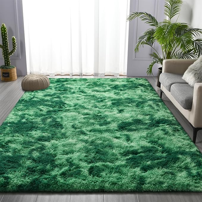 Deerhoo Shag Area Rug, 4 X 6 Tie-Dyed Plush Fuzzy Rugs for Living Room, Ultra Soft Fluffy Furry Rug for Bedroom, Indoor Carpet Nursery Rugs for Kids Room Home Decor, Tie-Dyed Emerald Green