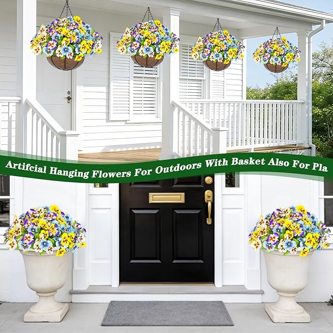 Artificial Hanging Flowers Plants Basket Outdoor Outside Decoration, Pansies UV Resistant Waterproof Colorful Silk Flowers Fake Hanging Planters for Porch Patio Balcony Yard Home Decor