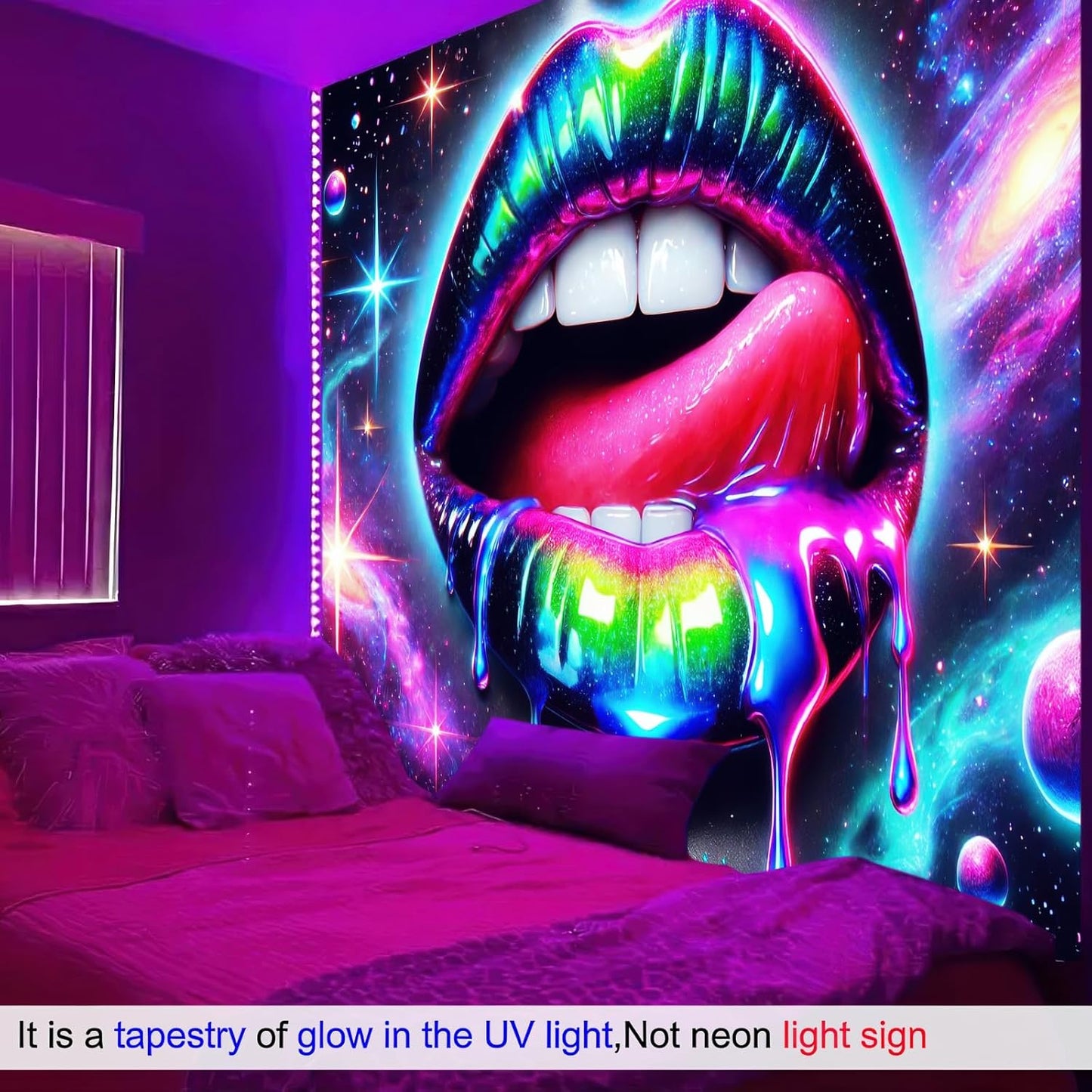 BlissYard Blacklight Tapestry UV Reactive Tapestry Wall Hanging 78x59 Inches Cosmic Rainbow Lips Wall Hanging, Fluorescent Art Decoration for Bedroom, Living Room, and Parties