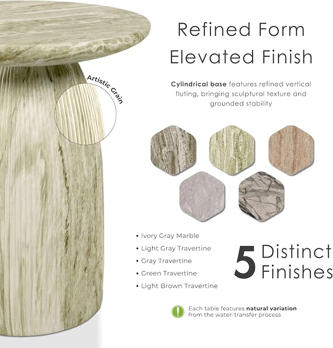 24/7 Shop at Home Ranera Modern 17-inch Natural Stone Side Table with Round Pedestal Base, Marble Nightstand, Fluted Patio End Table, for Living Room, Covered Outdoor Spaces, Balcony, Green Travertine