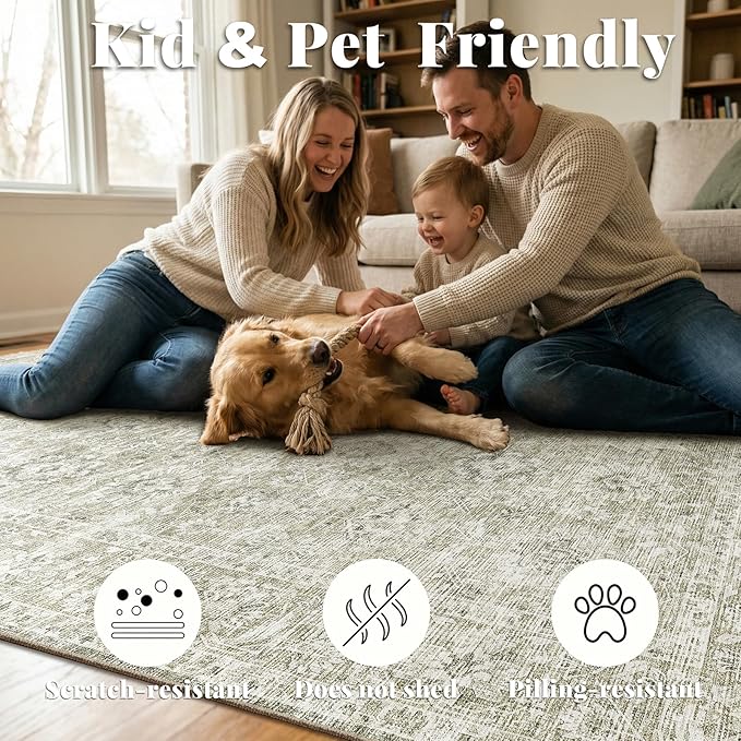 Washable Rugs for Living Room: 10x14 Area Rugs for Bedroom Ultra Soft Non-Slip Stain Resistant Vintage Boho Large Carpet for High-Traffic Dining Room - Farmhouse Decor