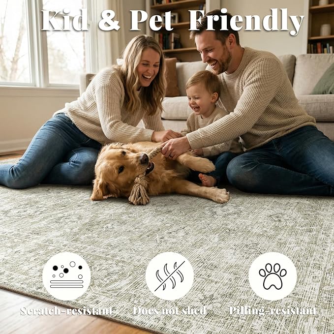 Washable Rugs for Living Room: 8x10 Area Rugs for Bedroom Ultra Soft Non-Slip Stain Resistant Vintage Boho Large Carpet for High-Traffic Dining Room - Farmhouse Decor