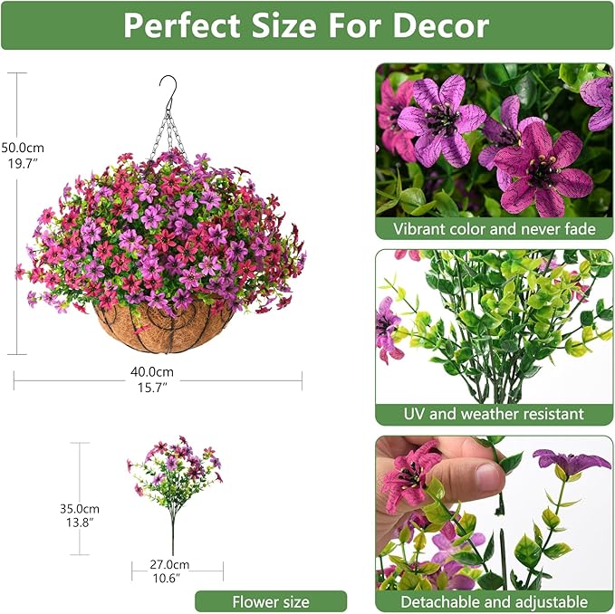 Artificial Flowers Fake Hanging Basket for Outdoor Spring Summer Decoration, 12 Bundles Faux Hanging Plants UV Resistant, Realistic Silk Flower for Outside Planters Porch Patio Balcony Yard Garden