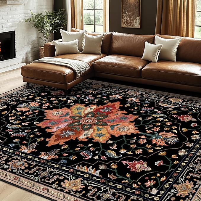 RELEANY Area Rugs 7'x10' Washable Non-Slip, Floral Vintage Distress Print Pattern Medallion Carpet for Living Room Bedroom Dining Room, Black Colorful Floral Dark Tan