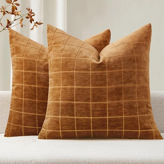 MIULEE Decorative Chenille Check Throw Pillow Covers Vintage Plaid Couch Pillows 20x20 Inch Set of 2 Neutral Boho Farmhouse Cushion Covers Modern Spring Home Decor for Sofa Bed Living Room Bronze