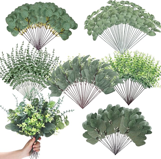 400 Pcs 6 Kinds Mixed Eucalyptus Leaves Stems Bulk Artificial Greenery Plants Fake Silver Dollar Eucalyptus Bundle Faux Plants Greenery for DIY Bouquets Floral Arrangement Wedding Engagement Decor