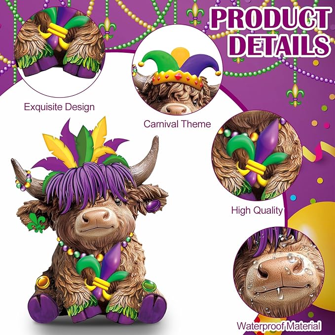 Karenhi 2 Pcs Mardi Gras Highland Cow Figurines, Carnival Feather Mask Beads Scottish Cow Resin Statues Gnomes Gifts for Tiered Tray Table Home Kitchen Office Party Decor