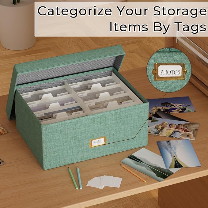 Decorative Photo Storage Box - Linen Photo Box Organizer with Dividers, Fits Holds Up to 1700 Pictures and 5x7 Photos, Memory Keepsake Organizer for Photos, Scrapbook Supplies, Cards, Stamps (Green)