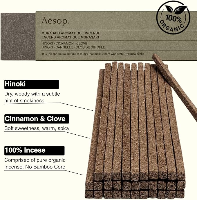 Aesop Murasaki Aromatique Incense Sticks | Woody and Spicy Aroma of Hinoki & Cinnamon| 33 Sticks, 30-Min Burn Time | Includes Kanuma Pumice Holder | Vegan, No Synthetic Fragrance