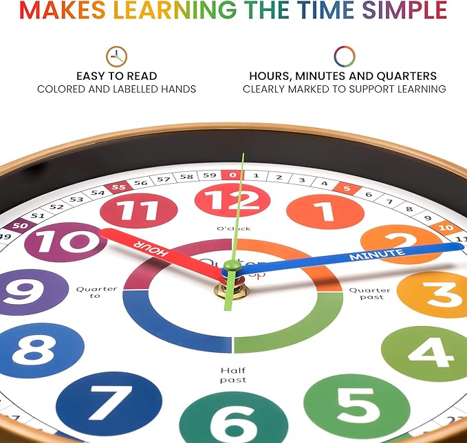 Oyster&Pop Learning Clock for Kids - Award-Winning Silent Wall Clock - 10" Non-Ticking Analog Teaching Clock for Classrooms Bedrooms & Kids Rooms - Children Learn to Tell Time Easily