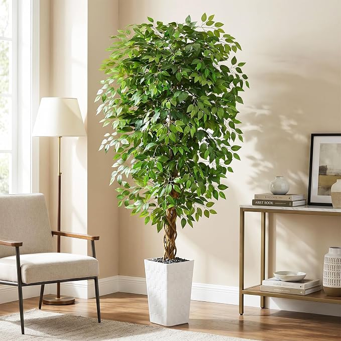 Artificial Ficus Tree 6FT Faux Floor Tree with Planter UV Resistant Potted Fake Silk Plant - Indoor Outdoor Lifelike Fake Ficus Tree for Home, Living Room Bedroom Topiary Tree