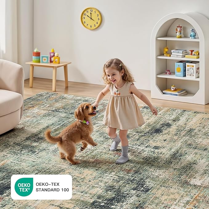 Lofus 5x7 Area Rug for Living Room, Coffee Green Abstract Rugs with Non-Slip Backing, Neutral Modern Washable Carpet for Bedroom Dining Room Home Office Nursery Indoor