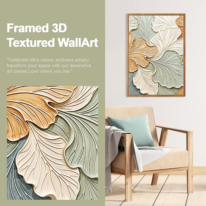 CHDITB 3D Neutral Earth Tone Impasto Ginkgo Leaf Textured Framed Canvas Wall Art Set, Pastel Minimalist Relief Wall Decor, Modern Art Prints for Living Room Hallway Bedroom Home Decor 24"x36"x3