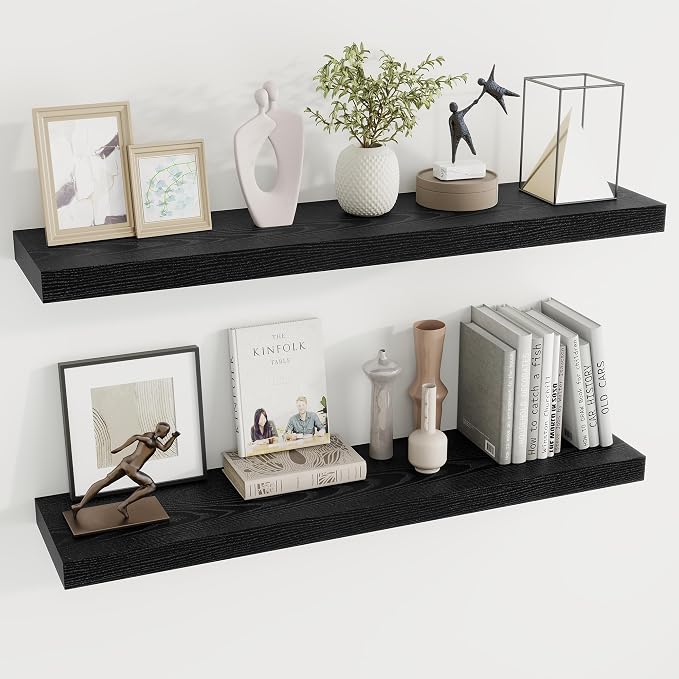 Dreamland 40Inch Black Floating Shelves 9.3" Deep Wall Mounted Set of 2 | Wall shelves for bathroom, bedroom, Living Room, kitchen, deep wall mount wood storage display for home decor 40" x 9.3"