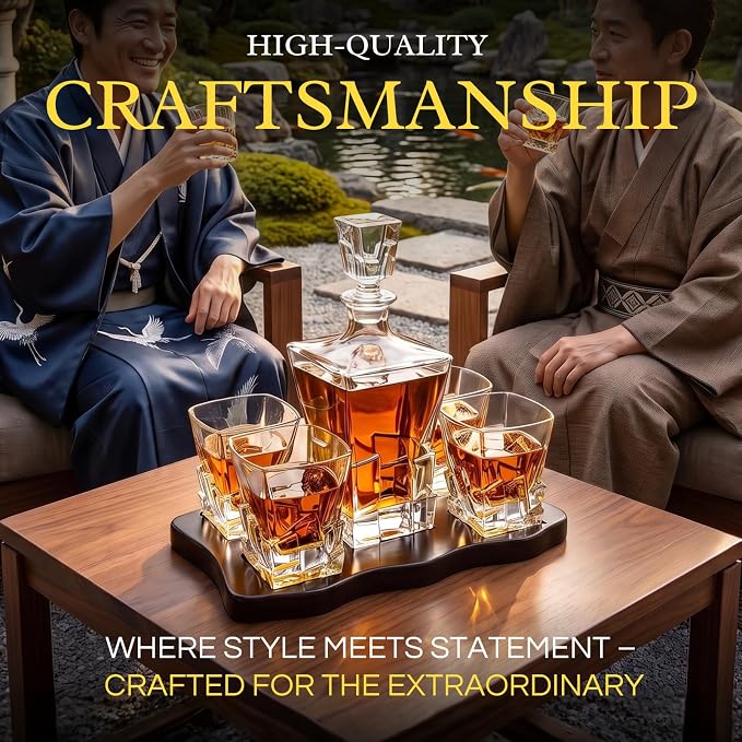 Ridge Japanese Crystal Whisky Decanter Set with 4 Tumbler Glasses, Lead-Free Liquor Carafe & 10oz Rocks Glasses - Scotch Bourbon, Spirits & Wood Base Elegant Barware Gift for Men, Japan Design Gifts