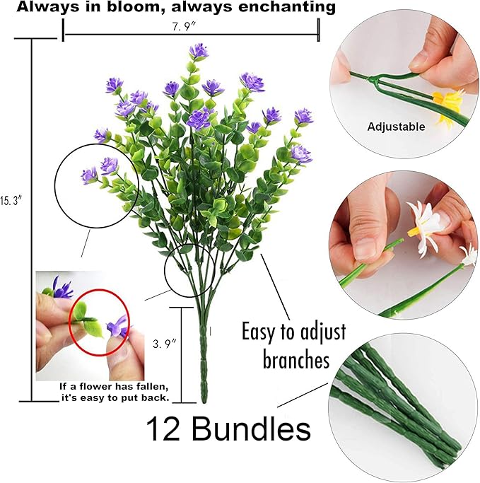 AXYLEX Artificial Flowers for Outdoors Fake Plants - 12 Bundles Faux Outside Greenery Boxwood No Fade Plastic Shrubs Fall Decor Farmhouse Home Garden (Purple)