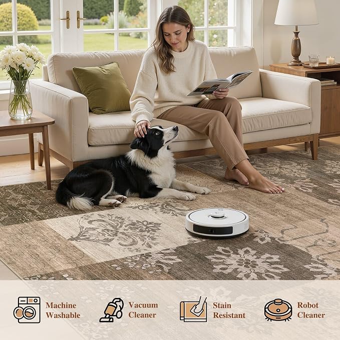 UERMEI 5x7 Area Rug for Living Room, Washable Brown Modern Geometric Patchwork Non Slip Stain Resistant Low Pile Foldable Carpet for Bedroom Dining Farmhouse Home Office