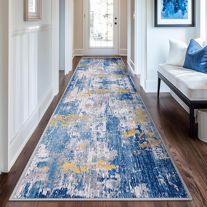 RELEANY Washable Area Rugs 2'x6' Non-Slip Modern Abstract Soft for Living Room Entryway Bedroom Nursery, Print Pattern, Grey Blue Gold/Golden