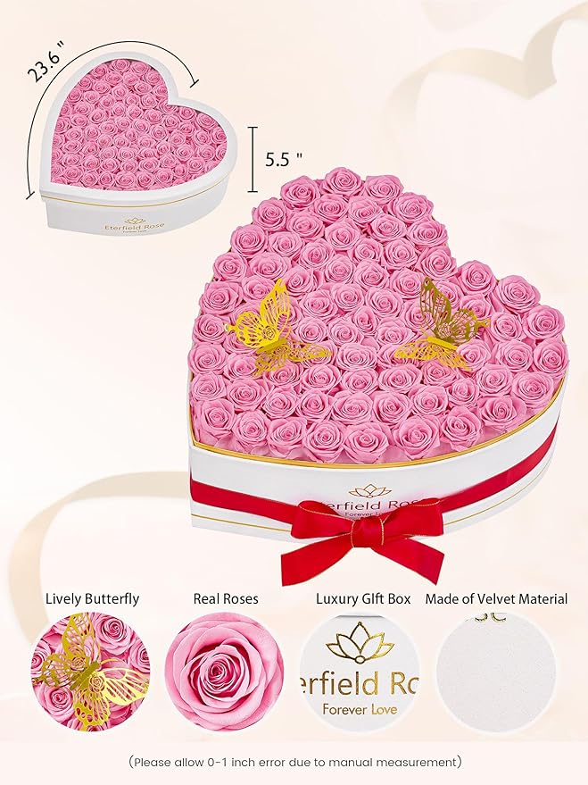 Eterfield 77 Forever Flowers in Heart Shape Box, Preserved Roses That Last a Year Preserved Flowers Birthday Gifts for Her Mom Women Wife Anniversary Valentines Day Mothers Day Christmas, Pink