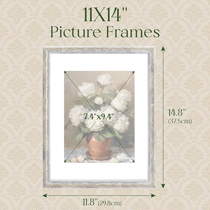 TWING 11x14 Picture Frame,Display 8x10 Photo with Mat or 11x14 without Mat,Ornate Vintage 11 x 14 Photo Frames for Wall Mounting,Vintage White,1 Pack