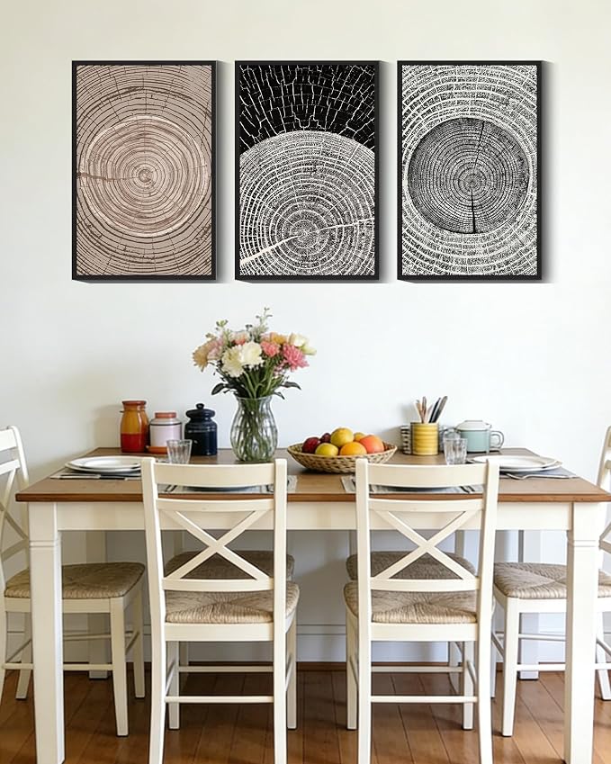 PHOPAGO Vintage Wood Tree Rings Wall Art Large 16x24in Farmhouse Rustic Framed Canvas Paintings Living Room Bedroom Decor Nature Artwork Black Framed