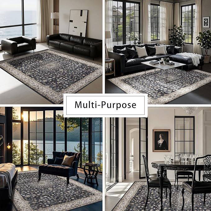 Srugn Washable Rugs 8x10 Area Rugs for Living Room,Rugs for Bedroom,Large Carpets,Ultra Soft Faux Wool Retro Dining Room Rug,Non Slip&Non-Shedding Low Pile Vintage Print Rug for Home Office-Black