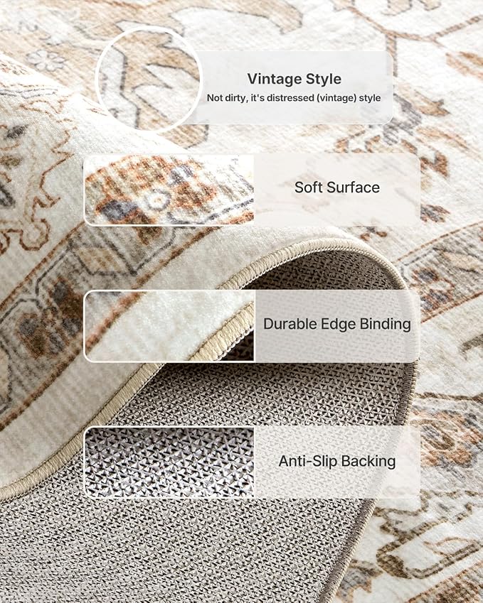 AMADA HOMEFURNISHING Round 4ft Area Rugs, Low-Profile Washable Rug with Non-Slip Backing & Durable Edge Binding, Vintage Rugs for Living Room, Bedroom, Dinning Room