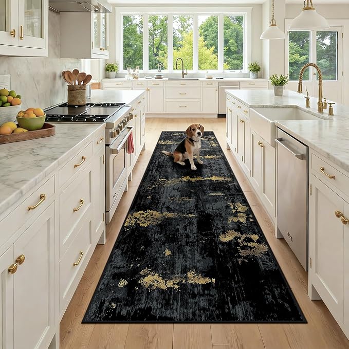 RELEANY Washable Area Rugs 3x9 Non-Slip Modern Abstract Soft for Living Room Entryway Bedroom Nursery, Print Pattern, Dark Black Gold