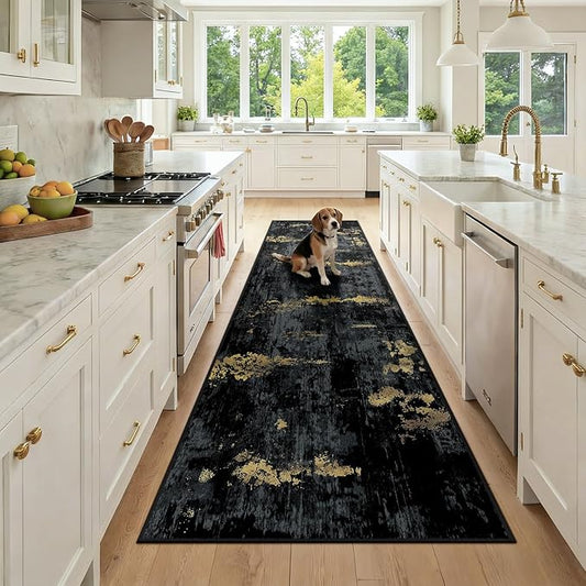 RELEANY Washable Area Rugs 3x9 Non-Slip Modern Abstract Soft for Living Room Entryway Bedroom Nursery, Print Pattern, Dark Black Gold