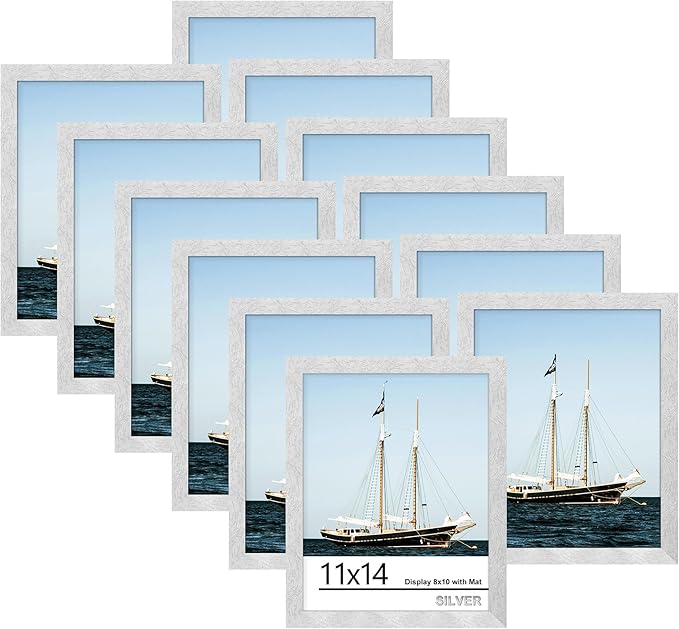 Picrit 11x14 Picture Frame Set of 12, Display 8x10 with Mat or 11x14 without Mat, Photo Frames for Wall Mounting or Table Top Display, Silver