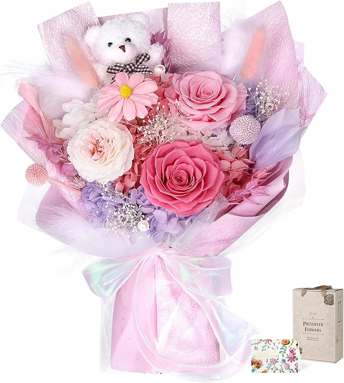 Preserved Flowers Bouquet with Bear, 3 Real Forever Flowers for Delivery, Long-Lasting Sweet Pink Eteranl Roses Bouquet, Anniversary Birthday Gifts for Women Mom Her Girlfriend Wife