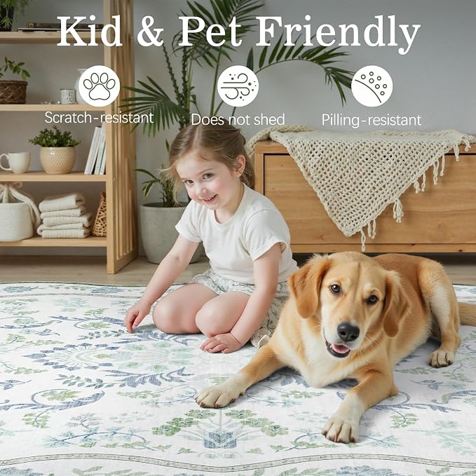 DCX Green and Blue 6x9 Rug, Kid & Pet Friendly with Rubber Back Non Slip, Washable Stain Resistant Botanical Scalloped Rug for Living Room, Bedroom, Soft Low Pile Large Nursery Carpet