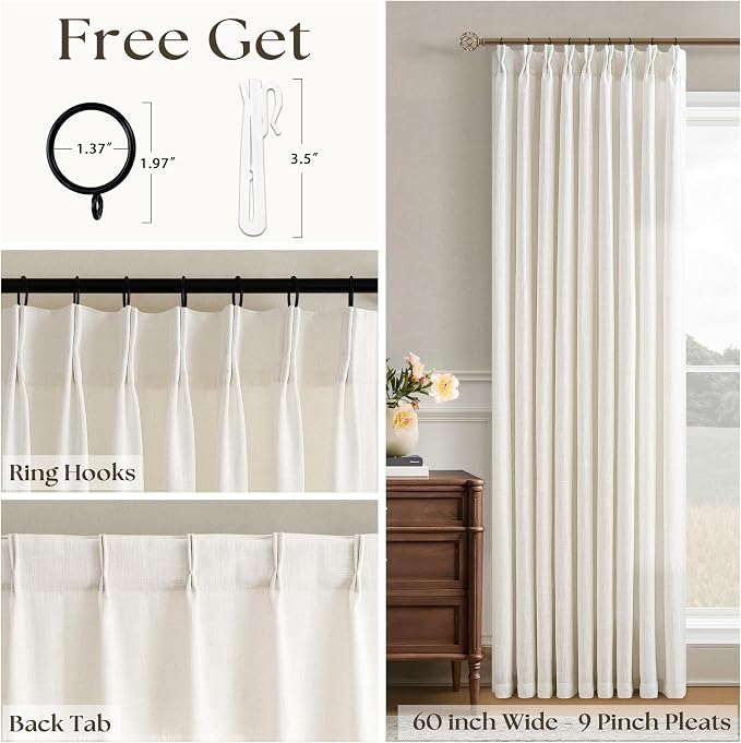 Natural Pinch Pleated Extra Wide Linen Curtains 84 Inches Long for Patio Sliding Glass Door 60 Inch Wide Pleated Drapes for Living Room with Hooks Rings Neutral Cream Semi Sheer 60x84 Curtain 1 Panel