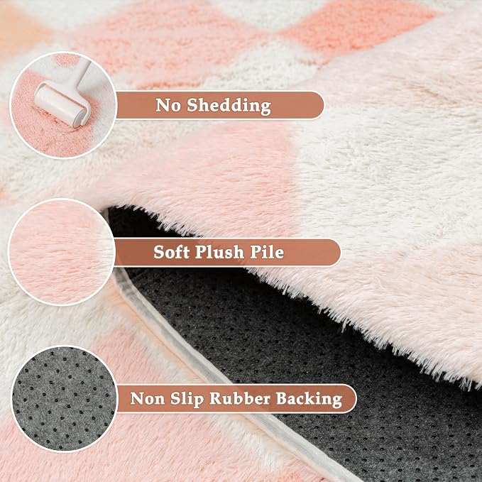 PureCozy Checkered Rug 4x6 Fluffy Shag Living Room Pink Area Rug Modern Washable Carpet Soft Shaggy Non Slip Indoor Plush Fuzzy Rugs for Bedroom Dorm Office Home Aesthetic Decor