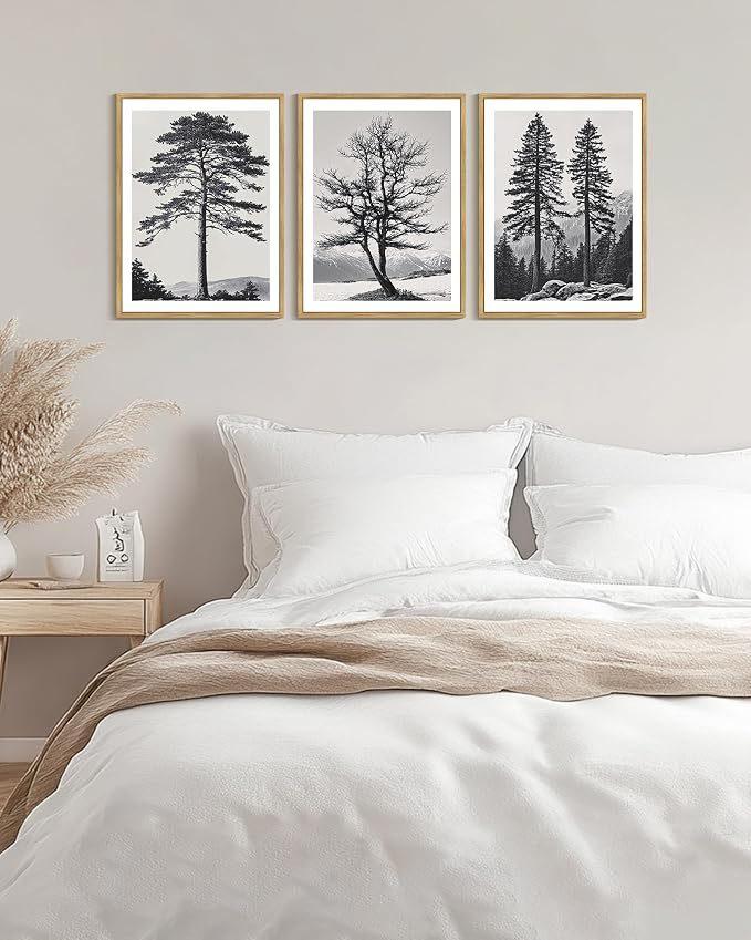 PHOPAGO Vintage Antique Tree Framed Wall Art Black and White Retro Forest Wall Decor Nature Wilderness Sketch Paints Modern Decor - 12x16in Natural Framed
