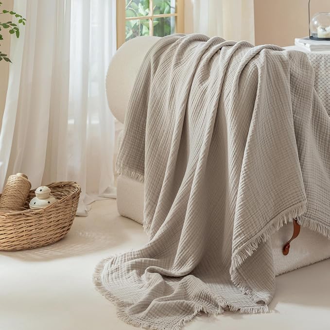 Muslin Fringe Blankets for Adults: 100% Cotton Cloud Soft | 4-Layer Gauze Breathable Lightweight All Season Throw Blanket for Bed Couch Sofa Office