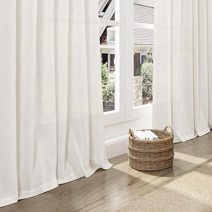 Nanspring Beige White Linen Curtains for Living Room 78 Inches Long Back Tab and Rod Pocket Light Filtering Semi Sheer Curtain Rustic Farmhouse Decor Luxury Drapes for Bedroom Office 52x78, 2 Panels