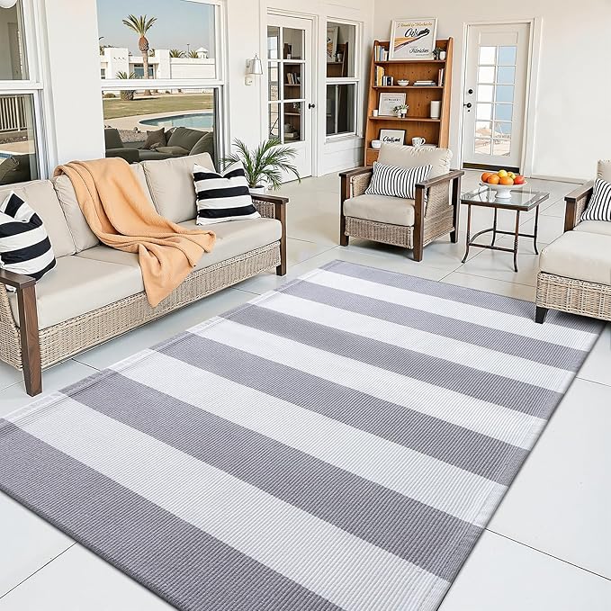 OLANLY Grey and White Striped Rug 3' x 5' – Washable Cotton Indoor Outdoor Doormat for Front Door, Entryway, Kitchen, Porch, Patio Decor