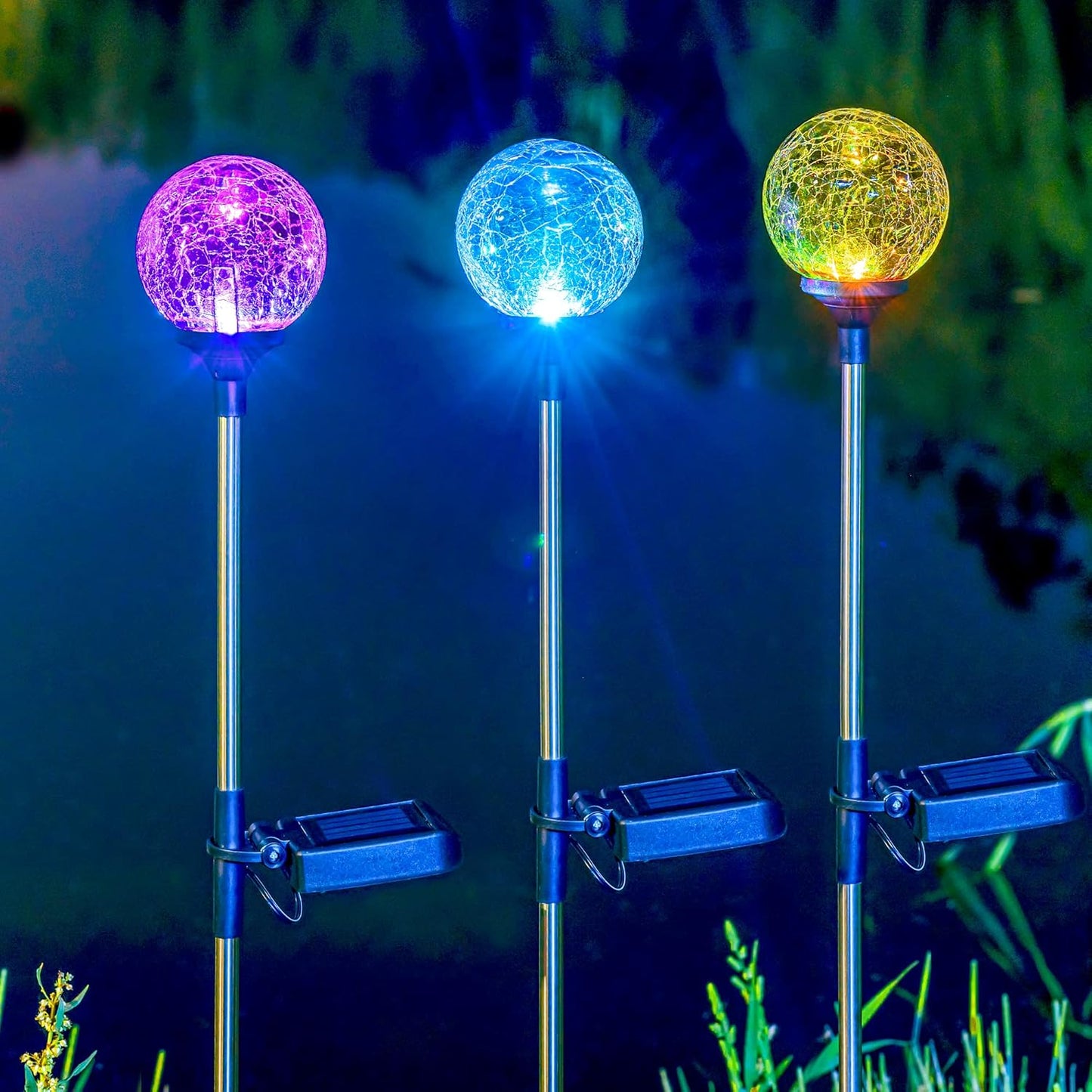 SOLPEX Solar Garden Lights Outdoor 3 Pack, Solar Globe Lights Outdoor Waterproof Decorative for Yard, Multi-Color Changing Garden Spheres Large Waterproof, Cracked Glass Ball LED Lights